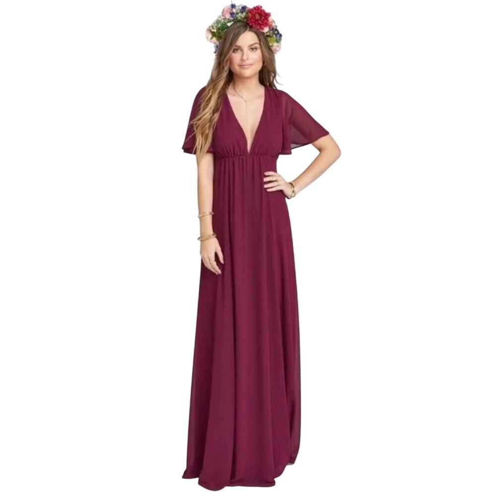 Show Me Your Mumu Faye Flutter Maxi Dress L Merlot NWT